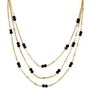 PANNEE Mod/Contemporary Gold Jet Black Beaded Stationed Layered Chain Necklace